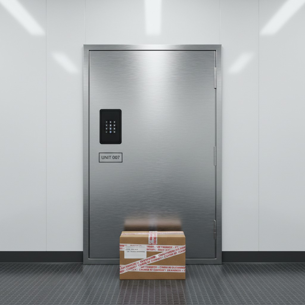 Elevator delivery: Brown box being delivered with an elevator full of mirrored walls and a keypad to the left.
