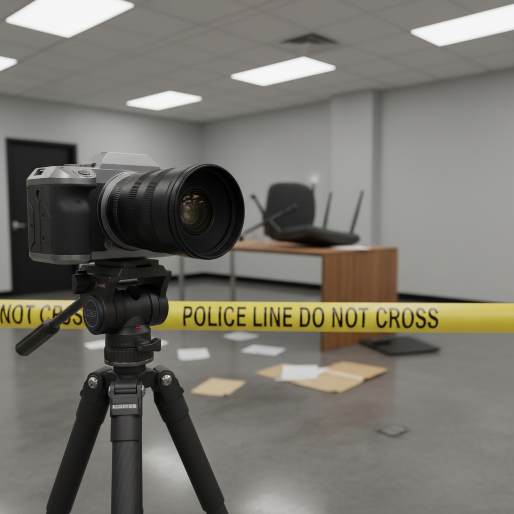 A crime scene with a camera on a tripod, police tape reading 'POLICE LINE DO NOT CROSS', and evidence scattered on the flo...