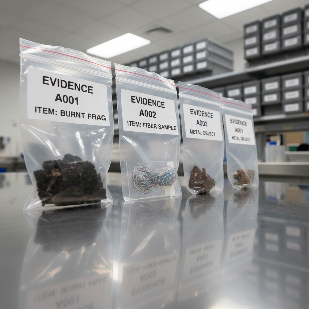 A laboratory setting with evidence bags containing various items such as burnt fragments, fiber samples, and metal objects...