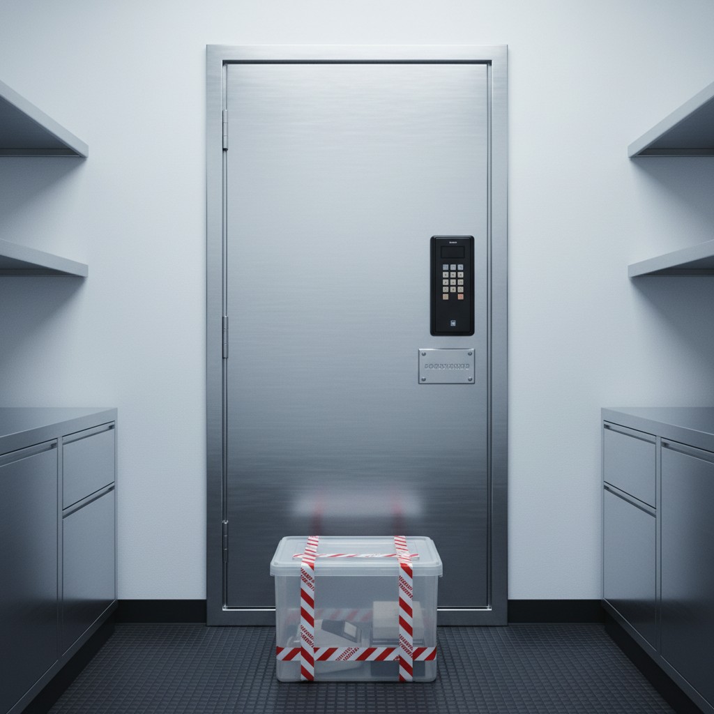 Here is the alt text: A secure room with a door and shelves, containing a storage container.