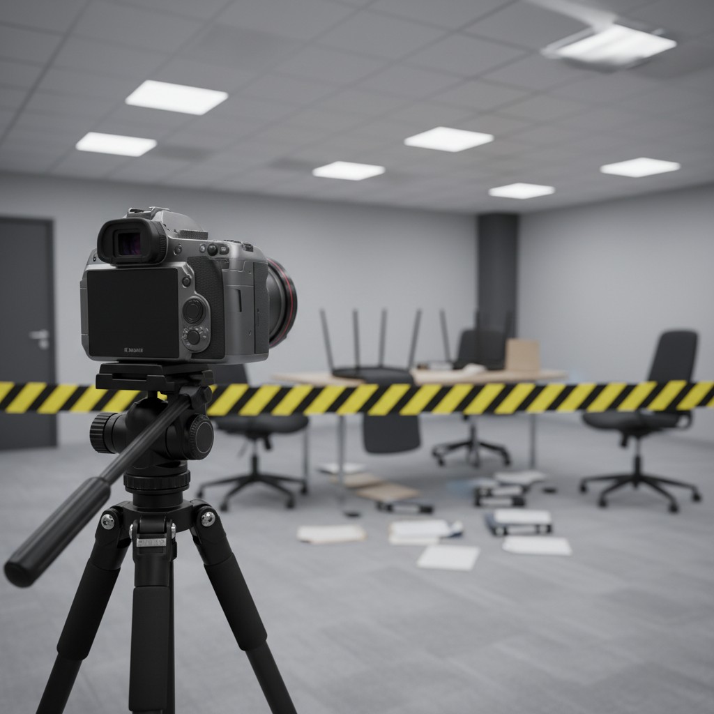 Professional-looking camera on a tripot, set up in an office environment with a crime scene caution tape and scattered mes...