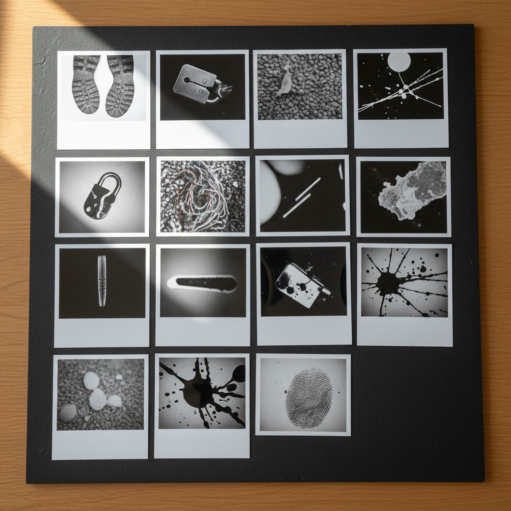 A black and white collection of various crime scene forensics and related items, possibly used for educational purposes.